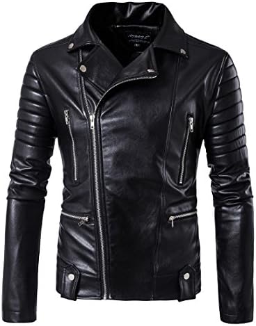 SELX Men's Casual Oblique Zipper Slim Fit Faux Leather Motorcycle Jacket Black US XL
