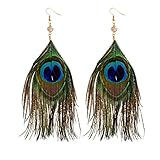 F&U Peacock Feather Dangle Drop Earrings Indian Style Women