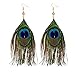 F&U Peacock Feather Dangle Drop Earrings Indian Style for Women