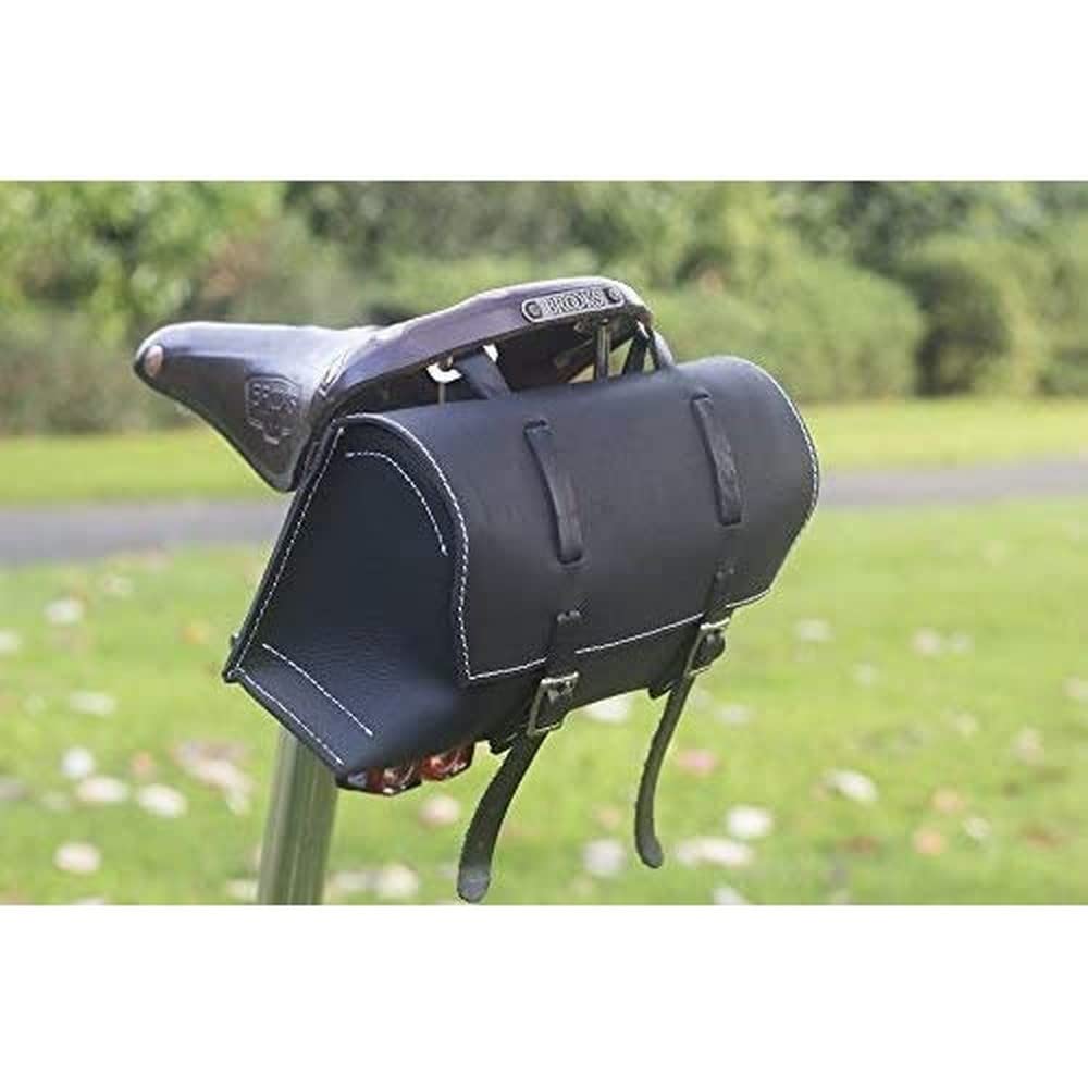 Bicycle Bag Saddle / Handlebar / Frame Bag in BLACK LEATHER Classic Bag White Stitching XL-BL-WH