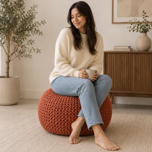 Eminence Home Large Round Pouf 50x50x40cm, Hand Knitted Cable Knit Bean Bag, Cord Boho Pouffe for Living Room, Bedroom, Nursery, Patio, Lounge, Rust.