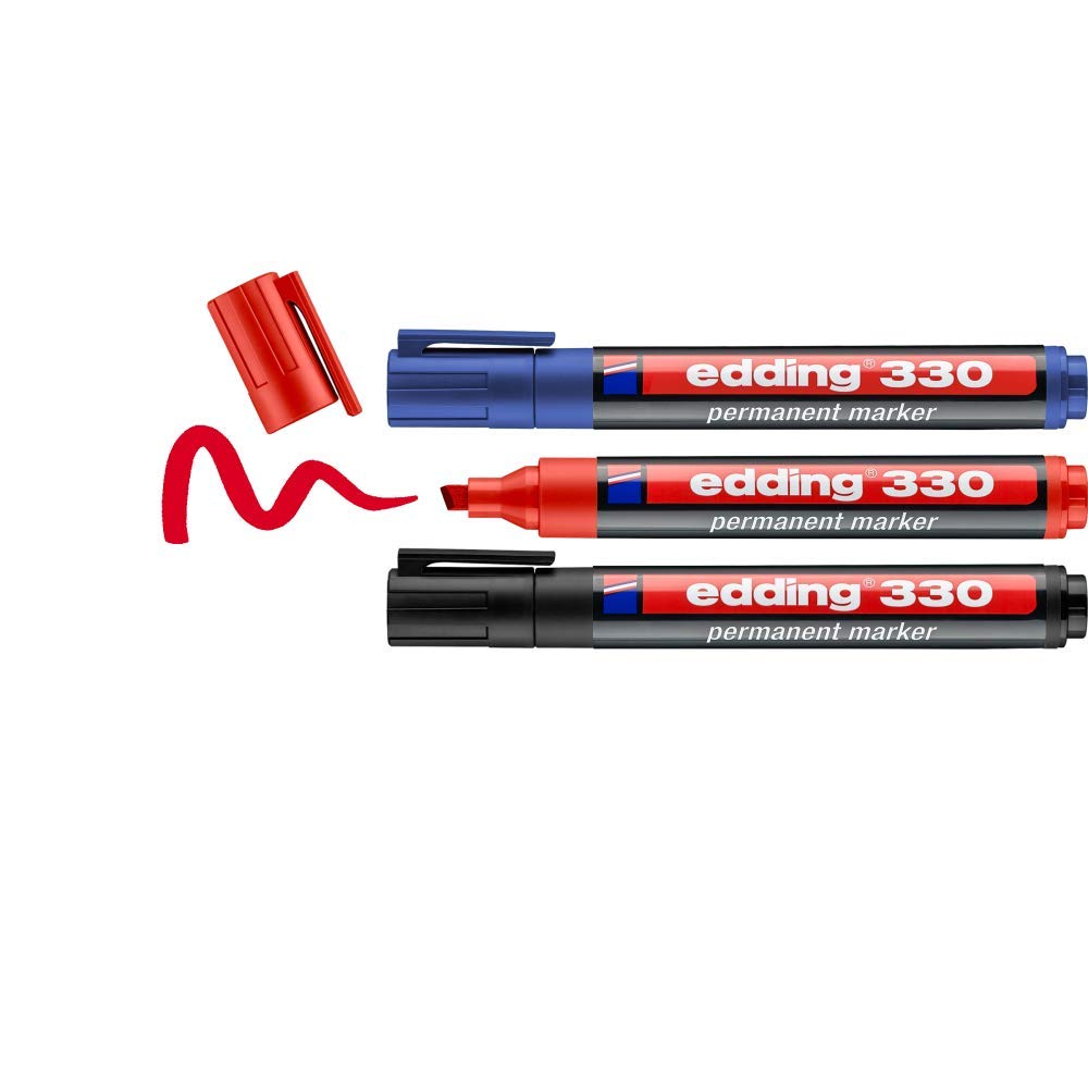 edding 330 permanent marker - black, red, blue - 3 pens - chisel nib 1-5 mm - waterproof, quick-drying, smear-proof pens - for cardboard, plastic, glass, wood, metal and fabric