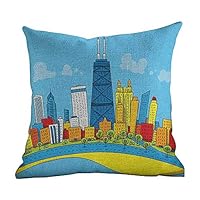 Matt Flowe Pillowcases Custom Chicago Skyline,Cute Cartoon Style Childish City View with Colorful Buildings Caricature,Multicolor,Pillowcases Print Zippered Throw Pillow Covers Cases 18"x18"inch