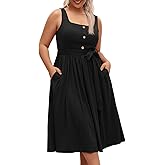 Beautife Women's Plus Size Summer Midi Dress Sleeveless A-Line Square Neck Pleated Belted Tank Dress