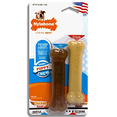 Nylabone Just For Puppies Peanut Butter and Chicken Flavored bone Puppy Dog Chew Toy, Twin Pack