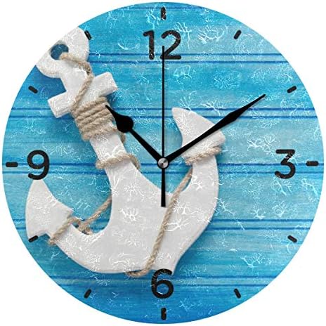 SENNSEE Anchor Blue Stripe Wall Clock Battery Operated Decorative Living Room Kitchen Bedroom Round Clock for Home Decor Art