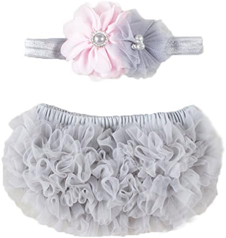 OoSweetCharlotteoO 2pcs Baby Girl Chiffon Bloomer & Headband Set Newborn Photo Prop Baby Girl Cake Smash Outfit (Newborn【weight less than 13lbs】, Grey)
