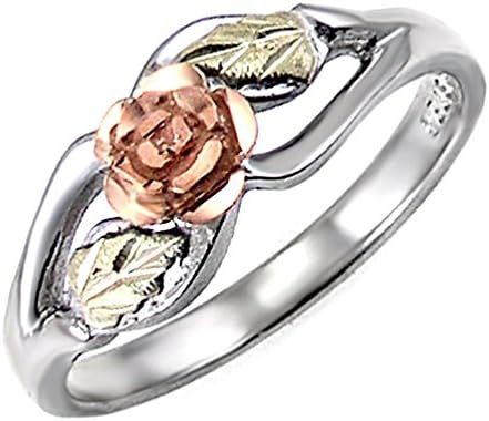 Blooms Rose Flower Diamond-Cut Ring, Sterling Silver, 12k Green and Rose Gold Black Hills Gold Motif, Size 4.75