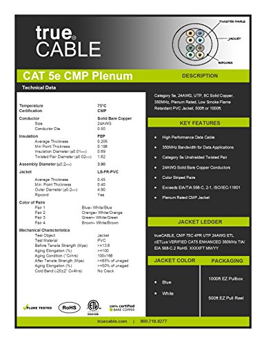 Cat5e Plenum (CMP), 1000ft, Blue, Solid Bare Copper Bulk Ethernet Cable, 350MHz, ETL Listed, 24AWG 4 Pair, Unshielded Twisted Pair (UTP), trueCABLE