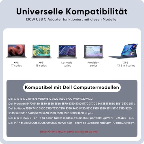 130W USB C Charger Compatible with Dell XPS 15 17 2in1 9500 9510 9520 9530 9575 9700 9710 9720 9730 Precision 5530 2in1 5550 5570 5750 3550 3551 3560 3571 5470 Latitude Type C Power Adapter