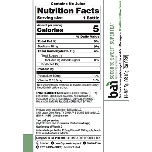 BAI ICED TEA, SOCORRO SWEET, ANTIOXIDANT INFUSED SUPERTEA, CRAFTED WITH REAL TEA (BLACK TEA, WHITE TEA), 18 FLUID OUNCE BOTTLES, 12 COUNT (PACK OF 1)