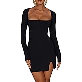 NADIA FRACA Women's Sexy Drawstring Long Sleeve Square Neck Cut Out Backless Side Slit Bodycon Mini Dress Clubwear