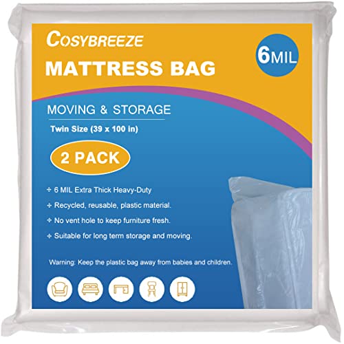 Mattress Bags for Moving, [2-Pack] Twin Size Mattress Storage Bag - 6 Mil Heavy Duty Waterproof Mattress Cover Protector for Storage and Disposal - 54 x 96 Inch