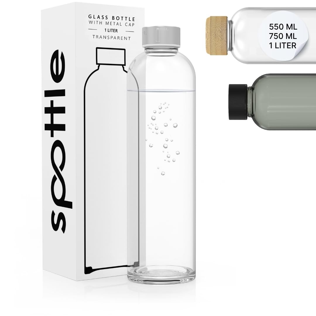spottle Glass Water Bottle – Borosilicate Drinking Bottle, Leak-Proof, Dishwasher Safe, for All Types of Beverages, 1L