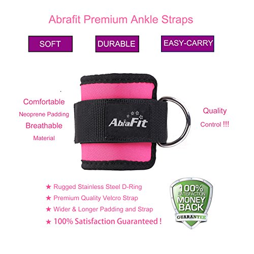 AbraFit Ankle Straps - for Cable Machines, Ab, Leg & Glute Exercises, Improved Wider and Longer, Durable &Lightweight, Free Carry Bag Included, (Pink,Pair)