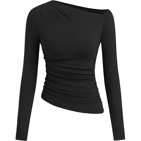 CIDER Boat Neck Solid Ruched Long Sleeve Tee: Black, XXS at Amazon