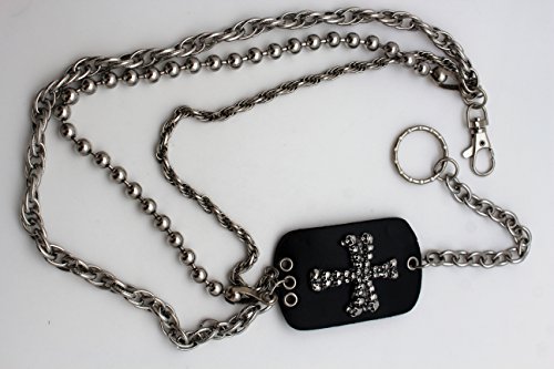 TFJ Men Biker Fashion Wallet Chain Metal Keychain Mini Skulls Cross 3 Strands Silver