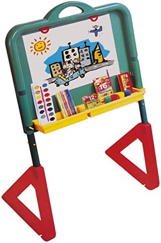 EBBE Kids Drawing Board Easel with Art Accessories - Water Colours Markers Wax Crayons Blackboard Eraser Chalk Paper Sheets - Children Writing Doodle Painting Adjustable Learning Whiteboard Toy