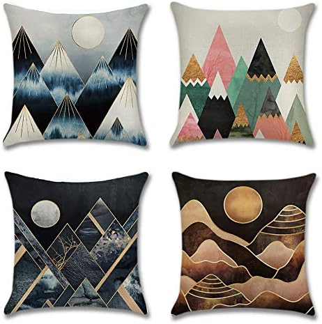 Artscope Pack of 4 Decorative Soft Polyester Linen Cushion Covers 45 x 45 cm Square Throw Pillow Covers Pillowcases for Sofa Couch Living Room (Moon and Mountain)