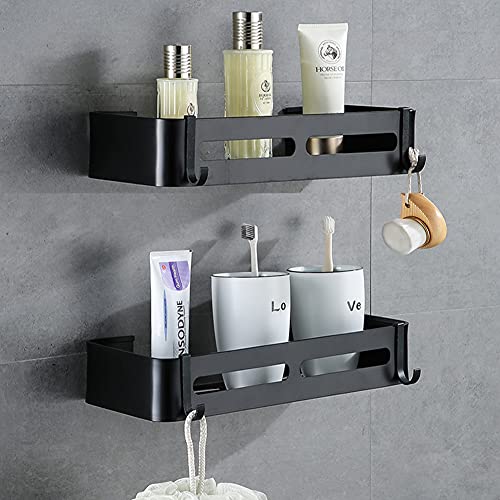 Yeegout No Drill Bathroom Shelves with Removable Hooks Aluminum Adhesive Shower Caddy Storage (Black Square)