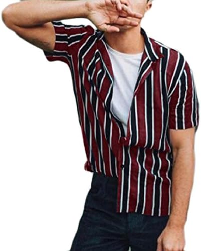 VividYouMen VividYou Men's Strip Short Sleeves Button Down Fashional Tees Top Dress Shirts Wine Red S