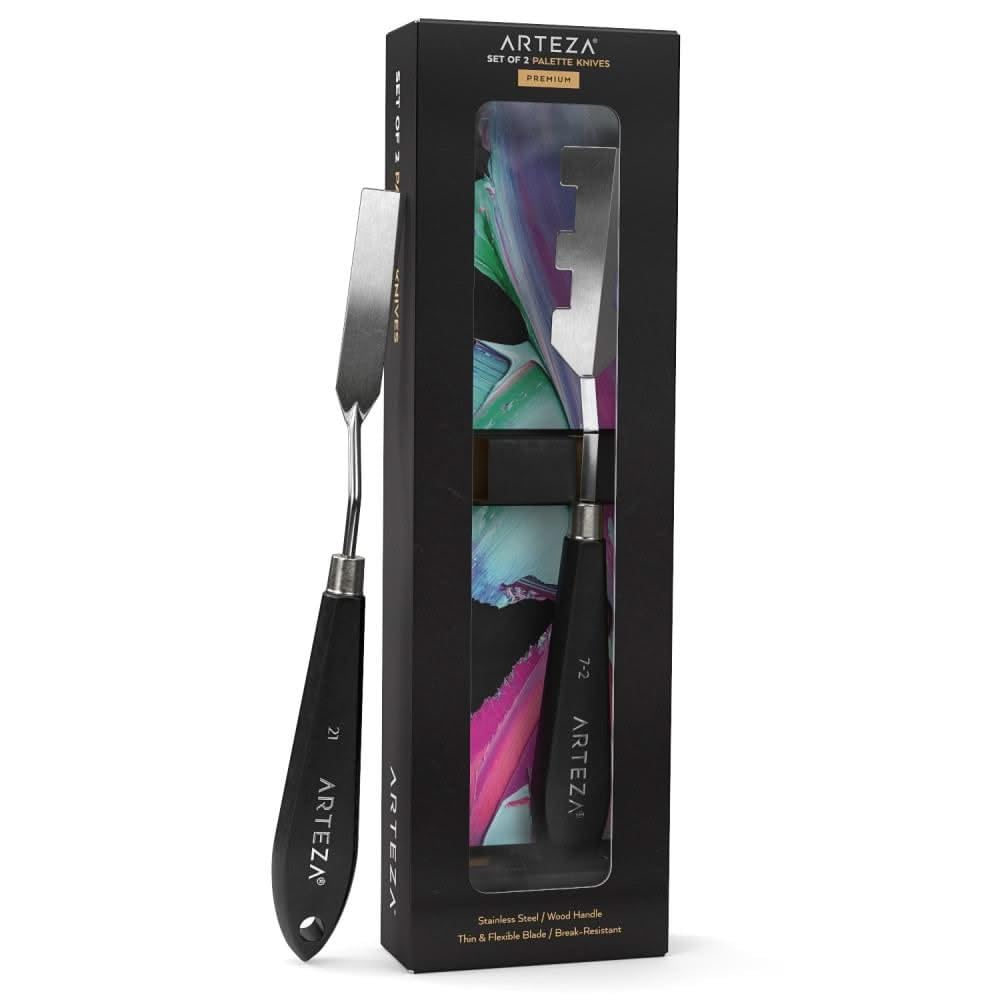ARTEZA Palette Knives, Pack of 2, Sizes No. 7 & No. 21, Set C, Durable Stainless Steel Blade & Break-Resistant Wooden Handle, Painting Knives for Oil & Acrylic Paints