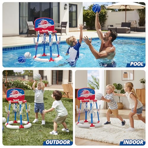 2 in 1 Pool Basketball Hoop Set with Backboard & Ring Toss Game, Floating Water Basketball Game with 4 Balls, 8 Rings & Pump, Summer Outdoor Swimming Pool Toys Gifts for Adults Kids Teens, Red