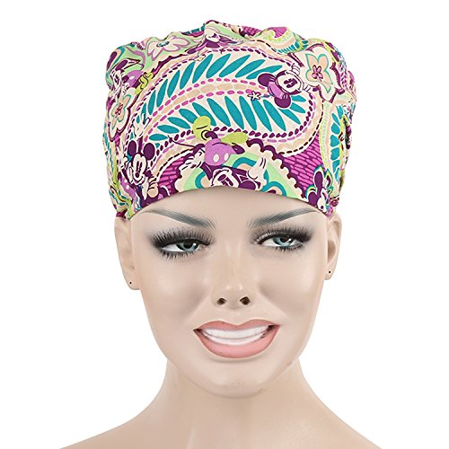 JoyRing 4 Pack Unisex Adjustable Surgical Hat Scrub Cap with Sweatband for Ponytail and Free Reusable Cotton Mask, One Size Fit Most