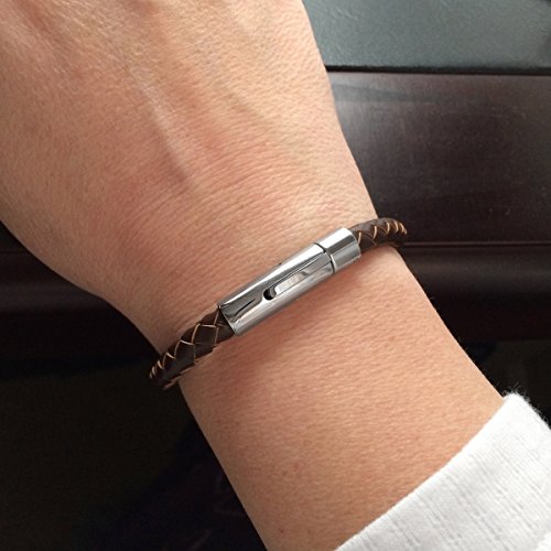 Round Braided Brown Leather Cord Bracelet Stainless Steel Locking Clasp Mens Womens (7-9 Inch)