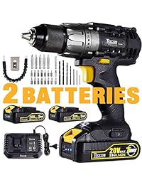 Taladro conductor, 20V Taladro inalámbrico con baterías 2 x 2000 mAh, Cargador rápido de 30 minutos 4.0 A, accesorios de 29 piezas, 24+1 ajuste de torca, 2-velocidades variables, torque máximo de 530 pulgadas-libras, portabrocas metálico sin llave de 1 2