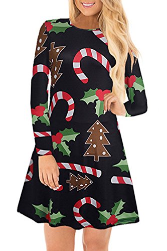 Herose Ladies Cozy Holly Berry Candy Canes Printed Flared Mini Dress Tops XL Black - Thumbnail 5