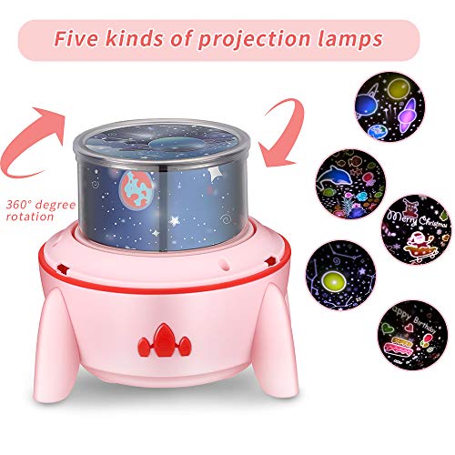 Lampada Da Comodino, Piccola Lampada A Proiezione A Razzo, Lampada Da Atmosfera Rotante Con Fantasia Cielo Stellato, Usb Ricaricabile Lampada(rosa）