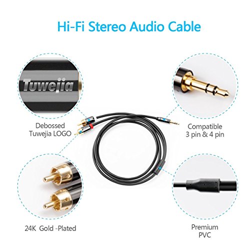 RCA Audio Cable Tuwejia Super HD 3.5mm AUX to 2RCA 20FT Y Splitter Stereo Audio Cable Male Type OFC Conductor Dual Shielding Gold Plated High-End Metal Shell - Thumbnail 3