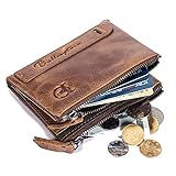 SHAKARAKA Men's Wallet RFID Blocking Minimalist Vintage Cowhide Leather Wallet with Double Zipper Pocket for Men