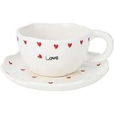 Koythin Ceramic Coffee Mug with Saucers, Handmade Flowers Mugs, Cute Cup for Girl Women, Aesthetic Tea Milk Cup with Handle, 8.5 oz/250 ml for Latte, Cocoa, Office, Home (Little Heart Love)