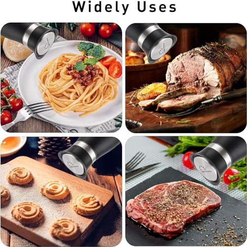 Salt and Pepper Shakers Set,4 oz Glass Bottom Salt Pepper Shaker with Stainless Steel Lid for Kitchen Gadgets Cooking Table, RV, Camp,BBQ Refillable Design (Black)