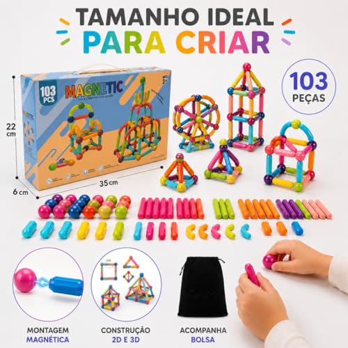 Blocos de Montar Magnéticos 64 Peças Construção 2D 3D Brinquedo Educativo Infantil Criatividade STEM Ímã Resistente Caixa