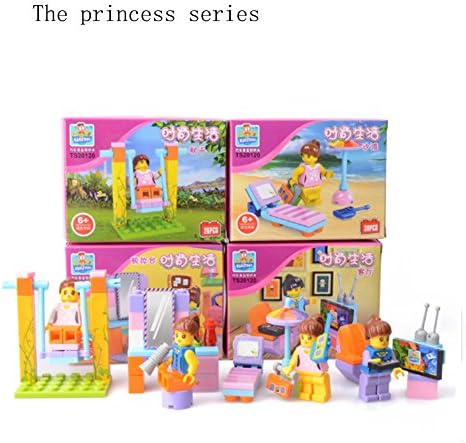 Ponny Girls Pretend Play Toy Set of 4 Building Blocks Princess Doll Dresser with Mirror, House Furniture TV Room, Doll Beach &amp; Swing Set