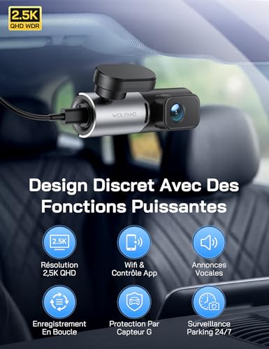 WOLFANG 2.5K Dashcam Voiture, 1440P WiFi Caméra Voiture avec App Contrôle, Mini Dash Cam Avant avec Grand Angle 170°, G-Capteur, Mode Stationnement 24H, Vision Nocturne, Enregistrement en Boucle