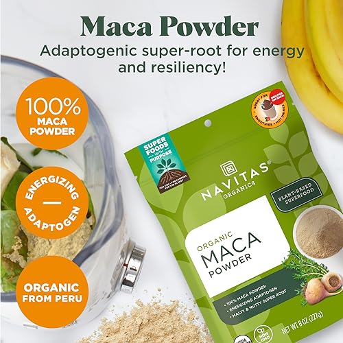 Navitas Organics Maca Powder – 100% Gelatinized Peruvian Maca for Smoothies, Lattes, Baking & More – Energize & Balance - USDA Organic, Non GMO, Vegan, Gluten Free - 16oz. Bag