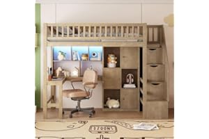BELLEMAVE Twin Size Loft Bed with LED Desk and Staircase, Wooden Loft Bed Frame with Storage Cabinets and Shelves for Kids Teens (Walnut)