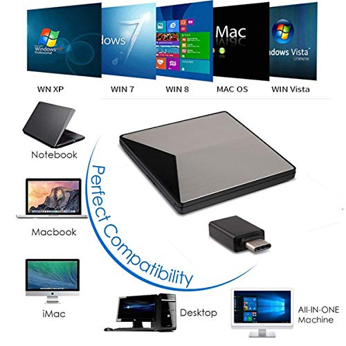JAKAGO USB 3.0 DVD External Drive CD DVD +/-RW ROM Rewriter Burner Writer with USB Type C Adapter High Speed Data Transfer Portable Optical Drive for Windows10/8/7/XP/Mac/Linux/OS All Type C Device