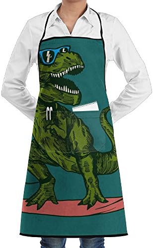 CYSHOW Dinosaur Surfer Sunglasses Novelty 3D Print Water Resistant Polyester Kitchen Apron with Big Pockets Machine Washable Easy Care Twill Sewing Bib Apron for Cooking BBQ Party