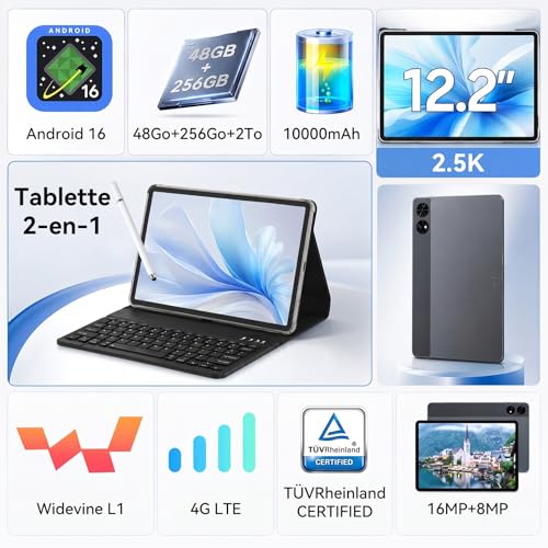 TABWEE Android 16 Tablette avec Clavier - Tablette 12 Pouces, 48 Go+256 Go, 10000 mAh, 16 MP+8 MP, 1600 * 2400 QHD+, Widevine L1, Gemini AI 3.1 Pro, GPS Intégré, Tablette 4G LTE (Garantie de 4 Ans)