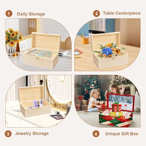 Unfinished Wooden Box With Lid, 17 * 13 * 7.9cm Unfinished Wooden Box With Hinged Lid, All-Purpose Wooden Storage Box, Wooden Chest Memory Box for Women Girls Kids for Jewelry Peals Card