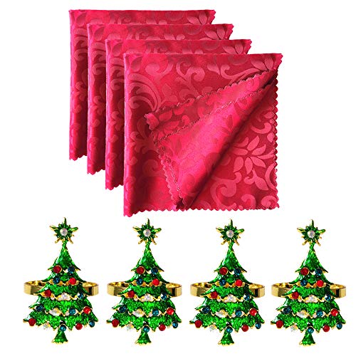 Aisszhao Christmas Table Decorations 4 Xmas Tree Napkin Rings & 4 Cloth Napkins,Dining Table Napkin Holders Napkin Cloth Christmas Dining Decoration for Home,Wedding,Hotel,Banquet Parties,Xmas Events
