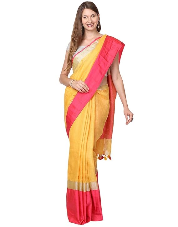 For Womens Bhagalpuri Pure Linen Yellow Saree With Plain Zari Border Contrast Blouse Piece