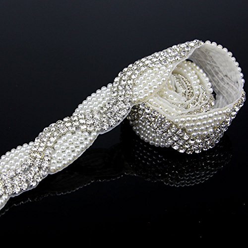 Seasofbeauty 1 Yard Crystal Silver Rhinestone Faux Pearl Trimming Lace Sew Fabric Embellishment