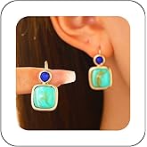 Allereyae Boho Square Turquoise Dangle Earrings Gold Square Turquoise Earrings Ethnic Turquoise Drop Earrings Turquoise Gemstone Earrings Jewelry for Women