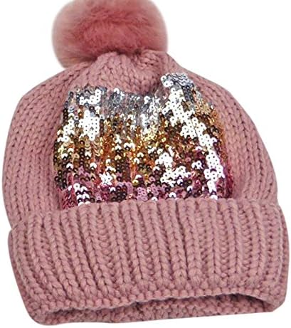 Women's Warm Beanie Hat with Pom Knit Cap with Sequin Sparkly Embroidery (Pink)